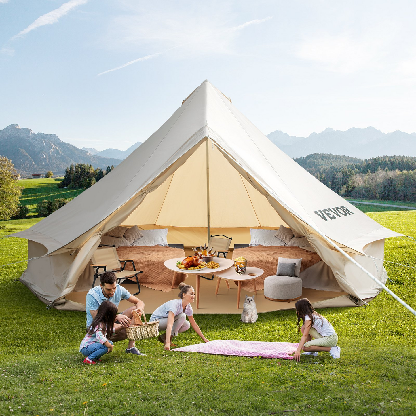 VEVOR 3-5 Person Canvas Glamping Bell Tent, Breathable Waterproof Yurt Tent with Stove Jack and Detachable Side Wall for Family Camping, 10'x 10'x98"(Diameter 3M)