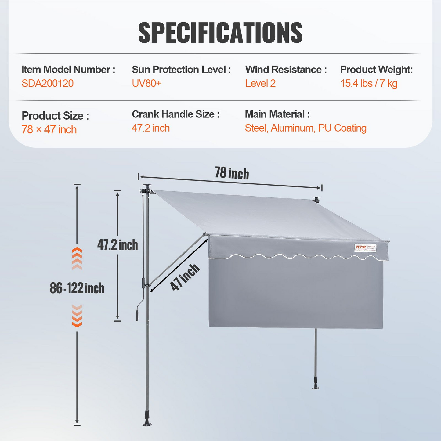 VEVOR Manual Retractable Awning, 78" Outdoor Retractable Patio Awning Sunshade Shelter, Adjustable Patio Door Window Awning Canopy with 39" Sun Shade Curtain for Backyard, Garden, Balcony