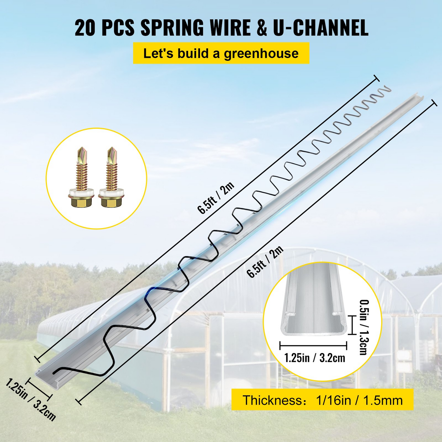 VEVOR Spring Wire and Lock Channel,6.56ft Spring Lock & U-Channel Bundle for Greenhouse, 20 Packs PE Coated Spring Wire & Aluminum Alloy Channel, Plastic Poly Film or Shade Cloth Attachment w/Screws