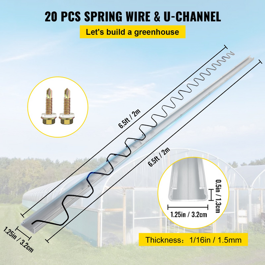 VEVOR Spring Wire and Lock Channel,6.56ft Spring Lock & U-Channel Bundle for Greenhouse, 20 Packs PE Coated Spring Wire & Aluminum Alloy Channel, Plastic Poly Film or Shade Cloth Attachment w/Screws