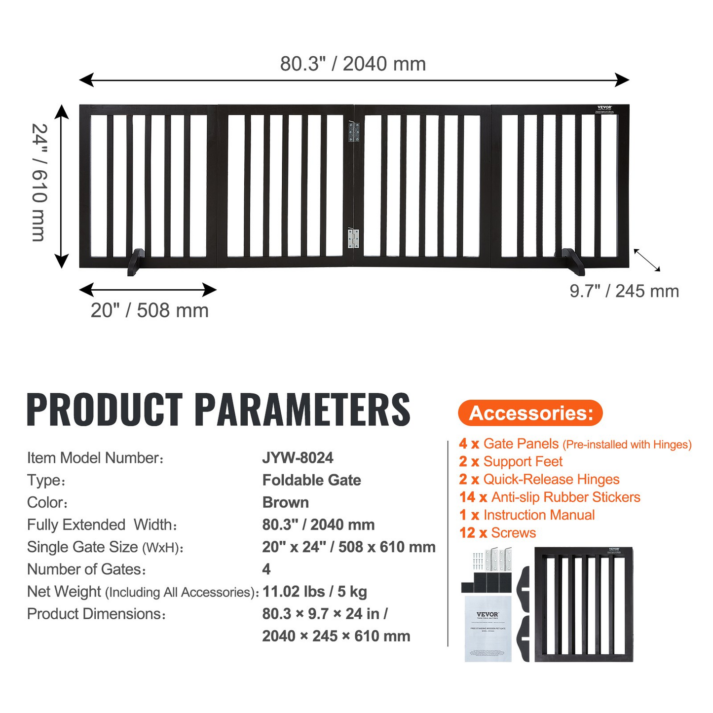 VEVOR Free Standing Dog Gate, 24" H x 80.3" W Freestanding Pet Gate, 4 Panels Foldable Dog Gate for Wide and Narrow Passageways, Expandable Dog Barrier with Silent Foot Support for Indoor, Brown