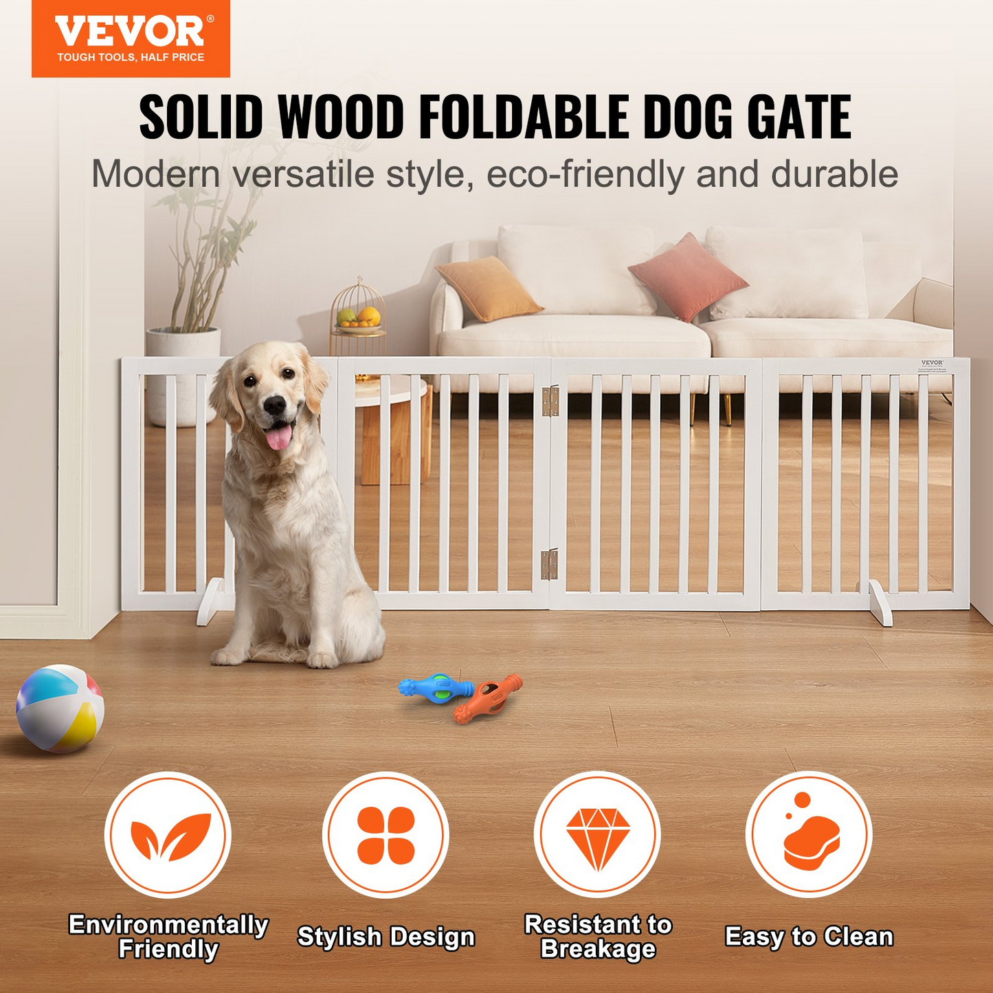 VEVOR Free Standing Dog Gate, 24" H x 80.3" W Freestanding Pet Gate, 4 Panels Foldable Dog Gate for Wide and Narrow Passageways, Expandable Dog Barrier with Silent Foot Support for Indoor, White