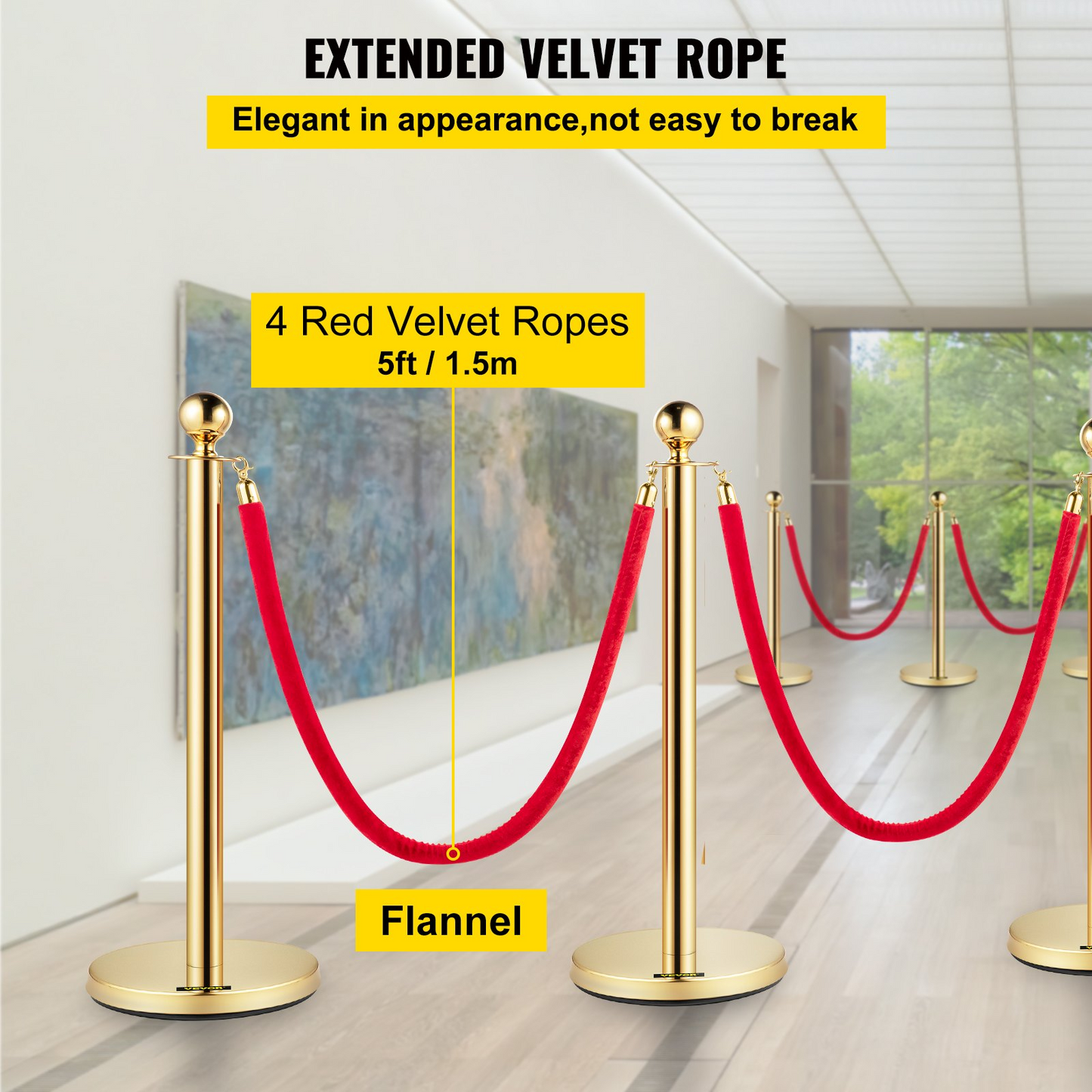 VEVOR 6 PCS Gold Stanchions Posts Stainless Steel Stanchion Queue Post Red Rope Retractable 38In for Both Indoor and Outdoor use.