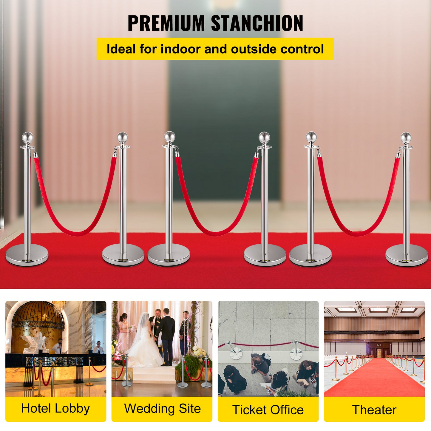 VEVOR 6 PCS Silver Stanchions Posts Stainless Steel Stanchion Queue Post Red Rope Retractable 38In for Both Indoor and Outdoor use.