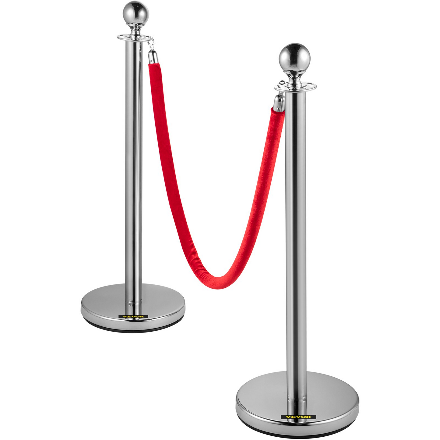 VEVOR 6 PCS Silver Stanchions Posts Stainless Steel Stanchion Queue Post Red Rope Retractable 38In for Both Indoor and Outdoor use.