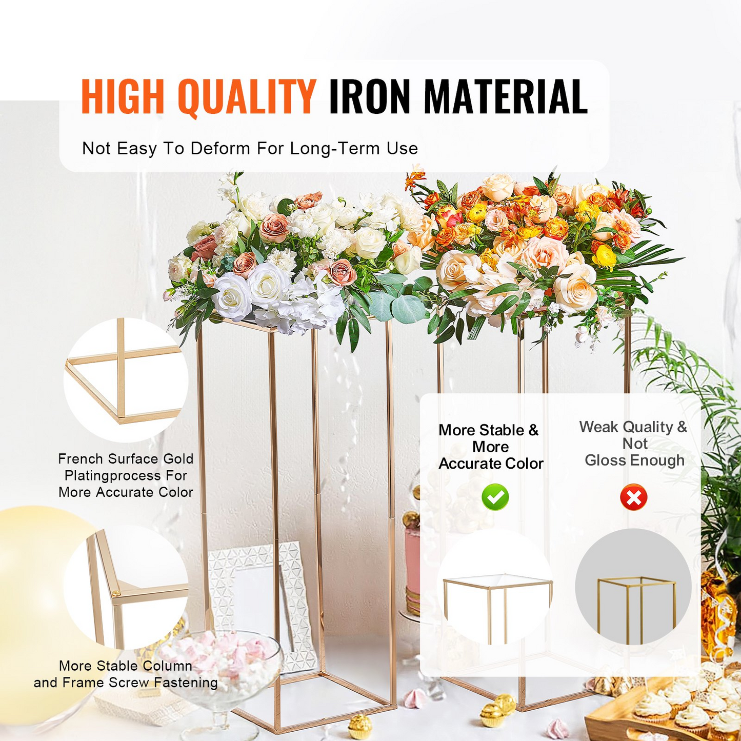 VEVOR 2PCS 31.5inch High Wedding Flower Stand, With Acrylic Laminate,Metal Vase Column Geometric Centerpiece Stands, Gold Rectangular Floral Display Rack for Events Reception, Party Decoration