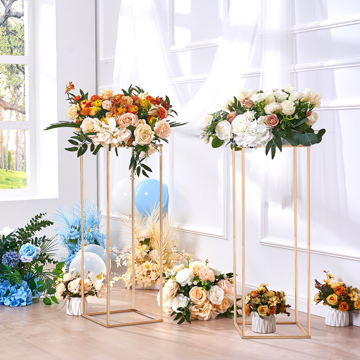 VEVOR 2PCS 31.5inch High Wedding Flower Stand, With Acrylic Laminate,Metal Vase Column Geometric Centerpiece Stands, Gold Rectangular Floral Display Rack for Events Reception, Party Decoration