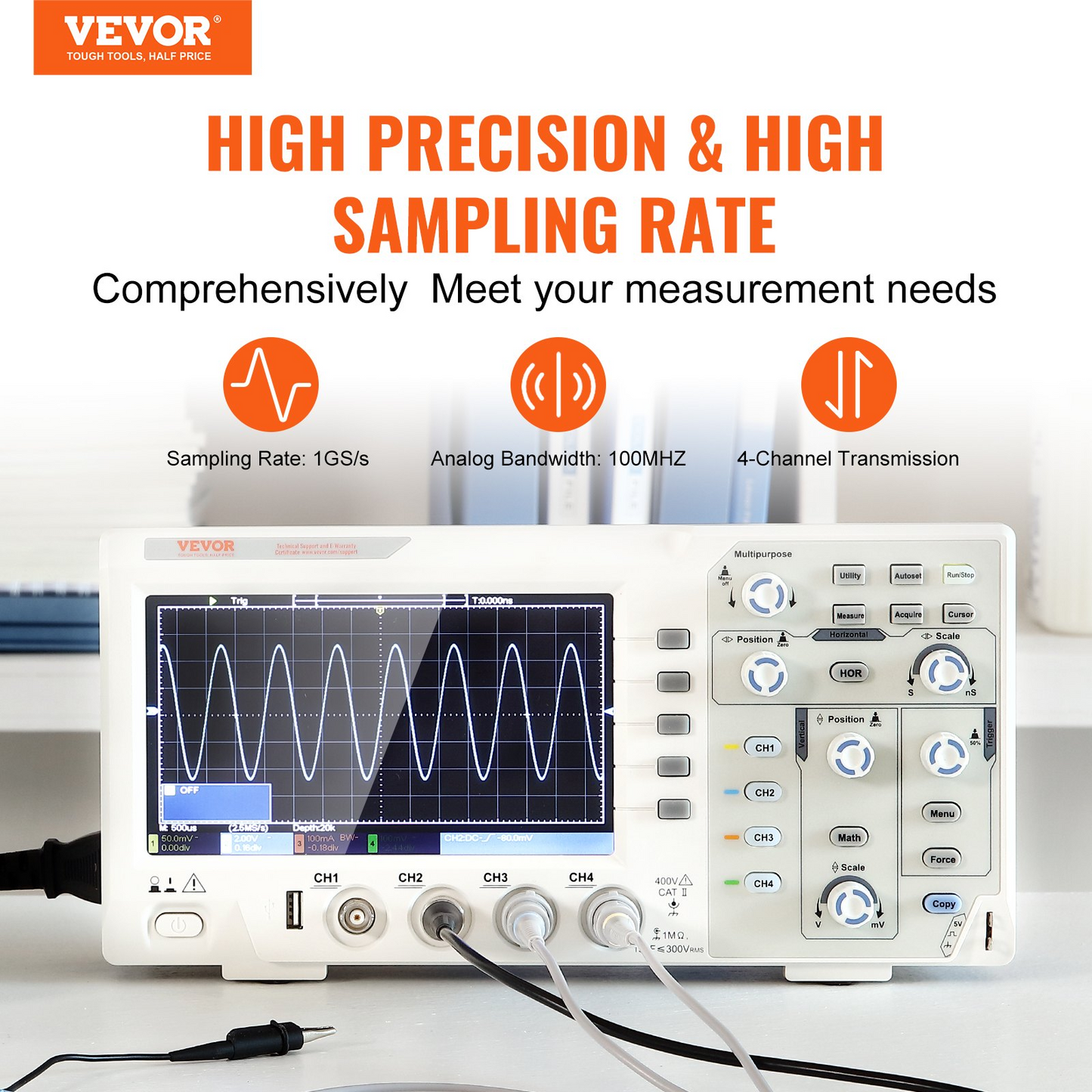 VEVOR Digital Oscilloscope, 1GS/S Sampling Rate, 100MHZ Bandwidth Portable Oscilloscope with 4 Channels 7-inch Color Screen, 30 Automatic Measurement Functions for Electronic Circuit Testing DIY