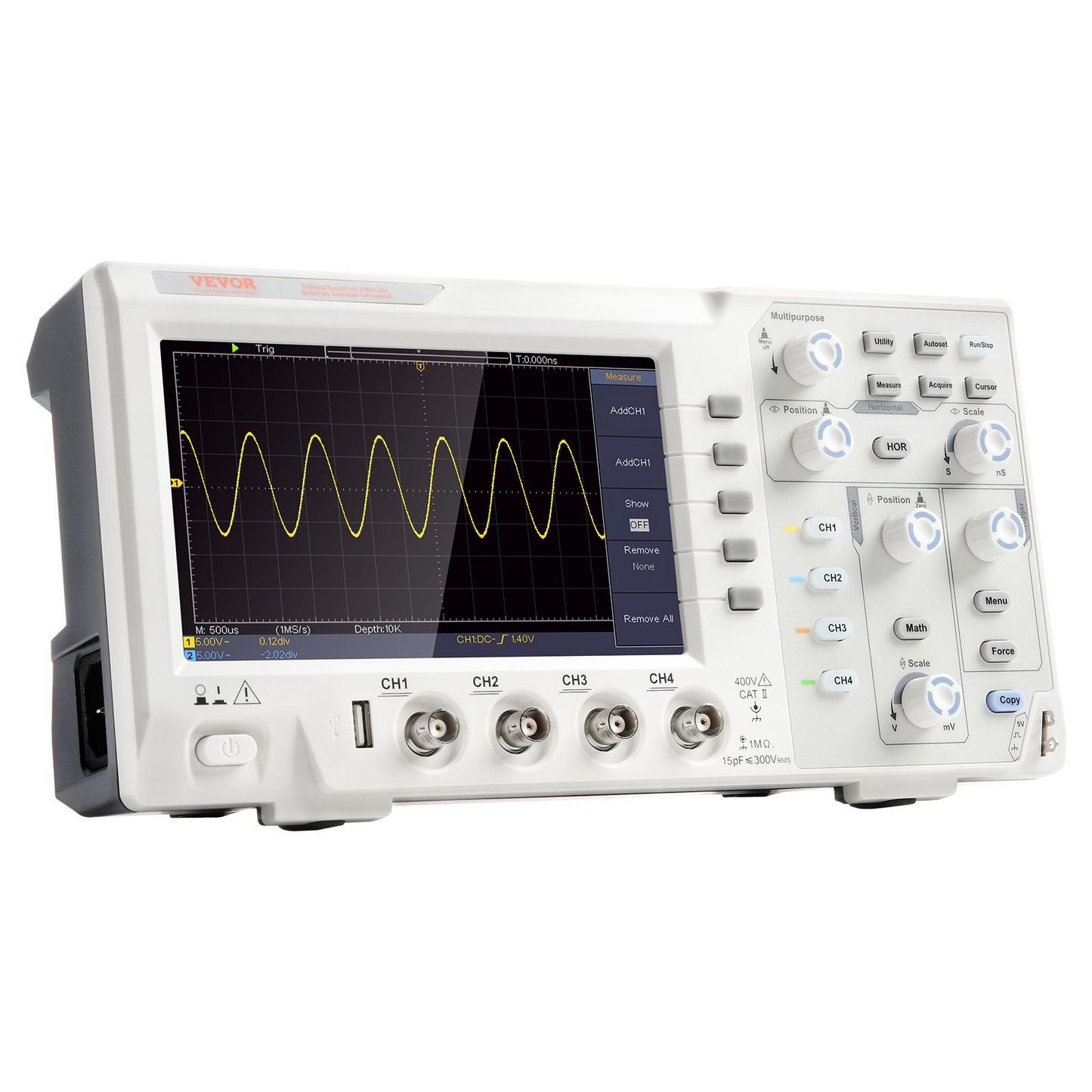 VEVOR Digital Oscilloscope, 1GS/S Sampling Rate, 100MHZ Bandwidth Portable Oscilloscope with 4 Channels 7-inch Color Screen, 30 Automatic Measurement Functions for Electronic Circuit Testing DIY