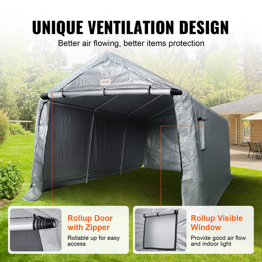 VEVOR Outdoor Portable Storage Shelter Shed, 10x15x8ft Heavy Duty Instant Garage Tent Canopy Carport with Roll-up Zipper Door and Ventilated Windows For Cars, Motorcycle, Bike, Garden Tools