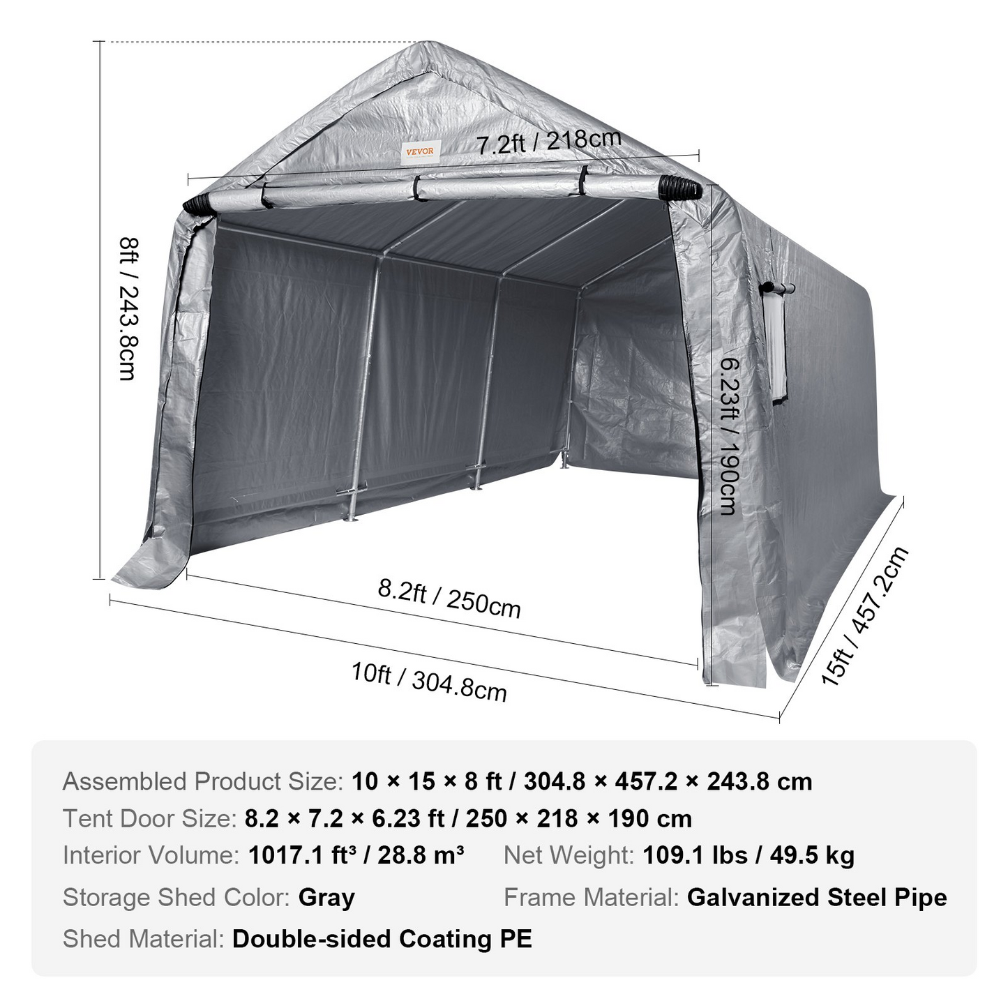 VEVOR Outdoor Portable Storage Shelter Shed, 10x15x8ft Heavy Duty Instant Garage Tent Canopy Carport with Roll-up Zipper Door and Ventilated Windows For Cars, Motorcycle, Bike, Garden Tools