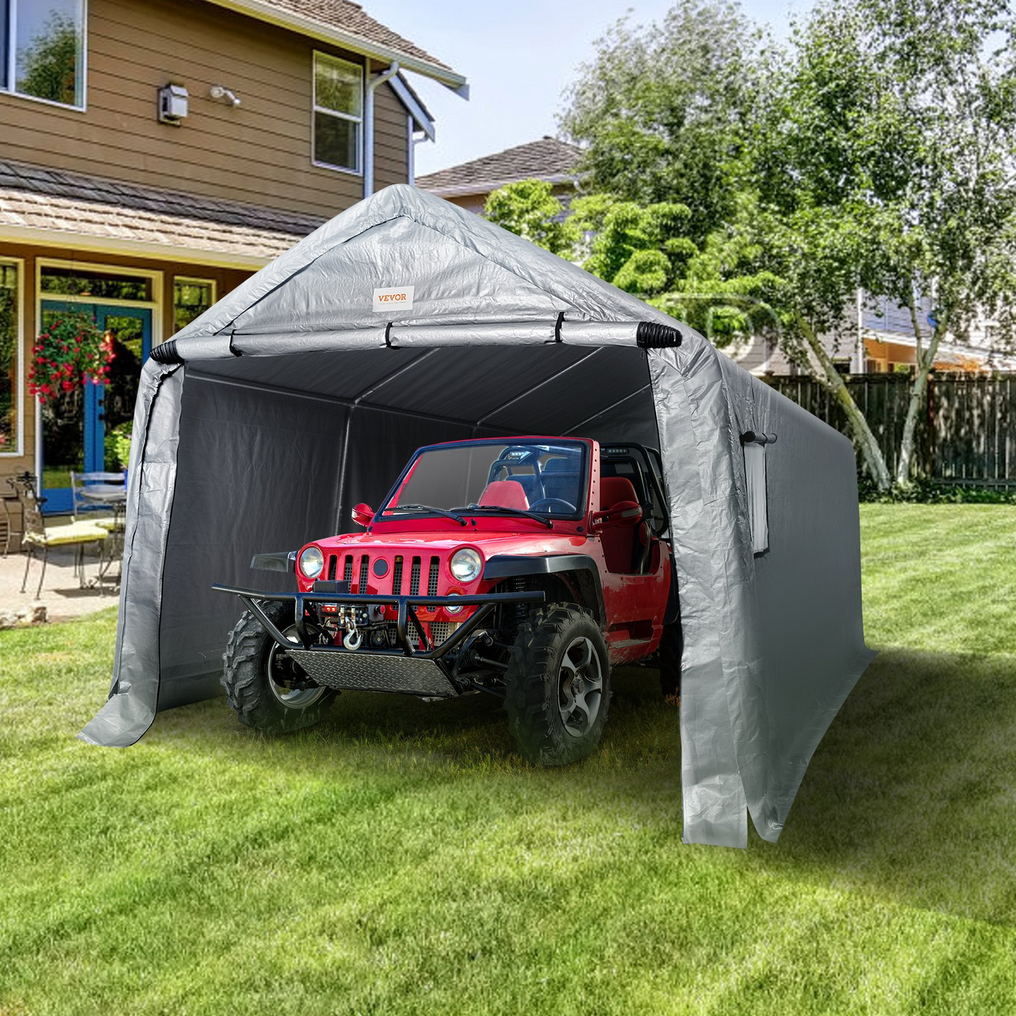 VEVOR Outdoor Portable Storage Shelter Shed, 10x15x8ft Heavy Duty Instant Garage Tent Canopy Carport with Roll-up Zipper Door and Ventilated Windows For Cars, Motorcycle, Bike, Garden Tools