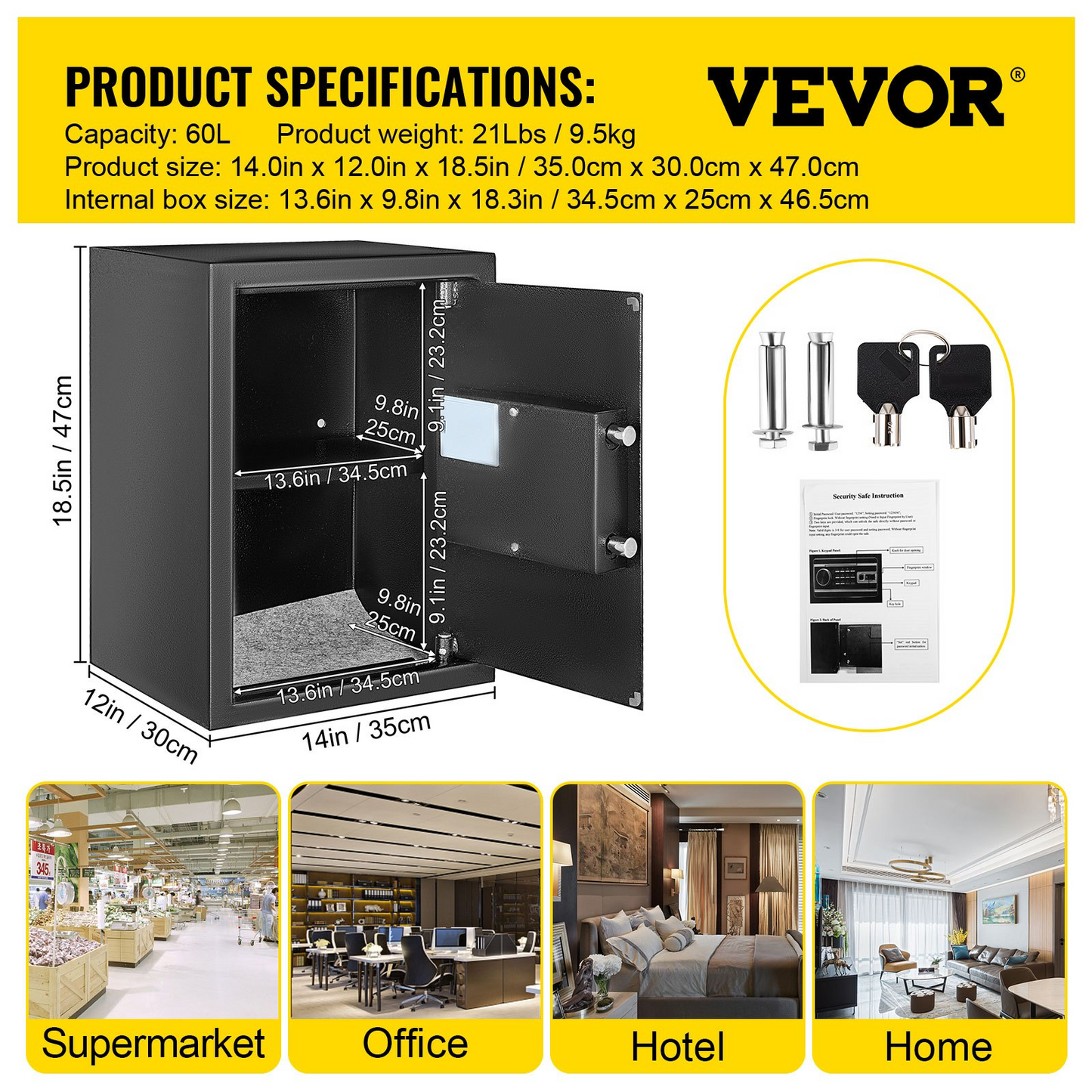 VEVOR Safe Box, 2.1 CU.FT Fingerprint Safe Box for Money w/ 2 Keys & Digital Keypad, Q235 Steel Safe Box for Storing Cash, Jewelry, Pistols, Documents, Watches in Home & Office & Hotel