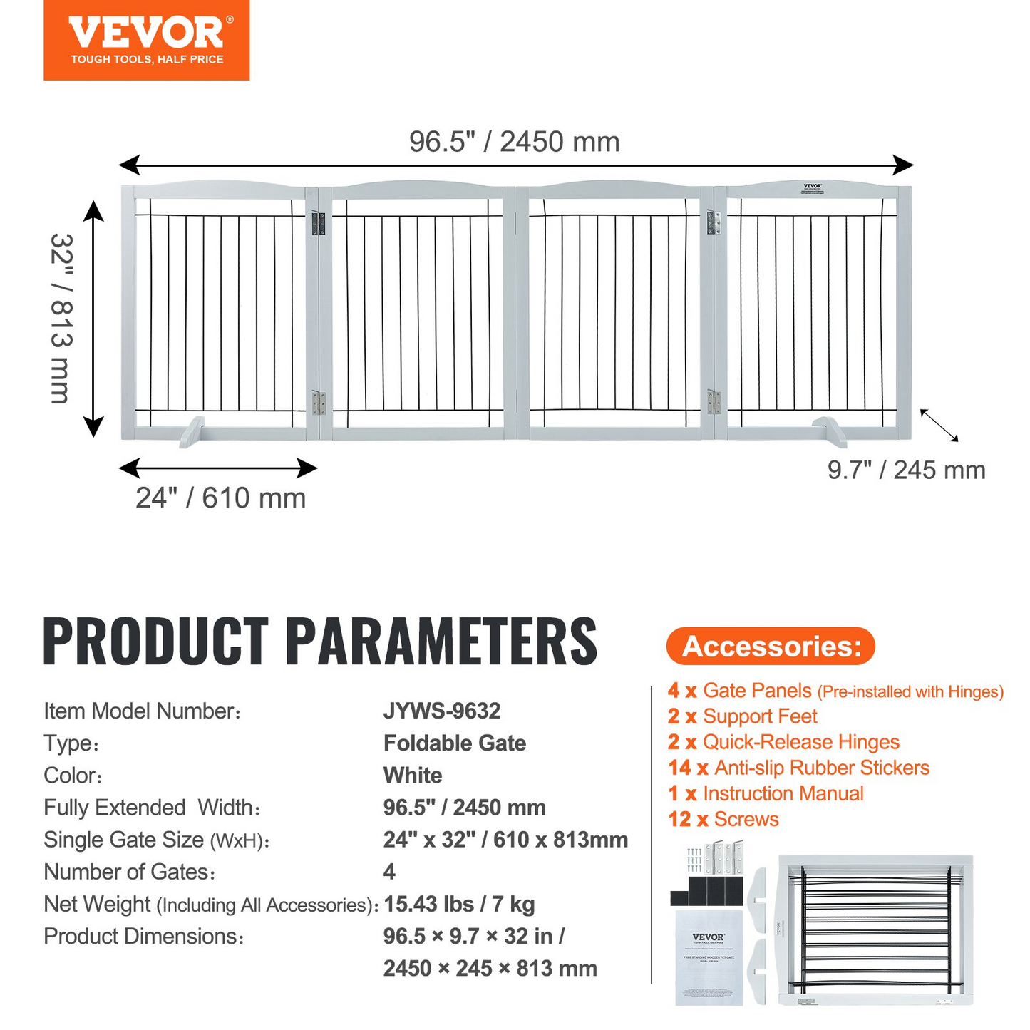 VEVOR Free Standing Dog Gate, 32" H x 96.5" W Freestanding Pet Gate, 4 Panels Foldable Dog Gate for Wide and Narrow Passageways, Expandable Dog Barrier with Silent Foot Support for Indoor, White