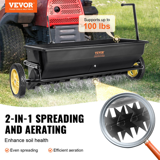 VEVOR Seed Spreader, 100 LB Capacity, Towable Poly Drop Design with 10" Wheels, Durable Steel Spike Aerator, for Efficient Fertilizing, Seeding, and Salt Distribution, Ideal for Home, Farm Use, Rug