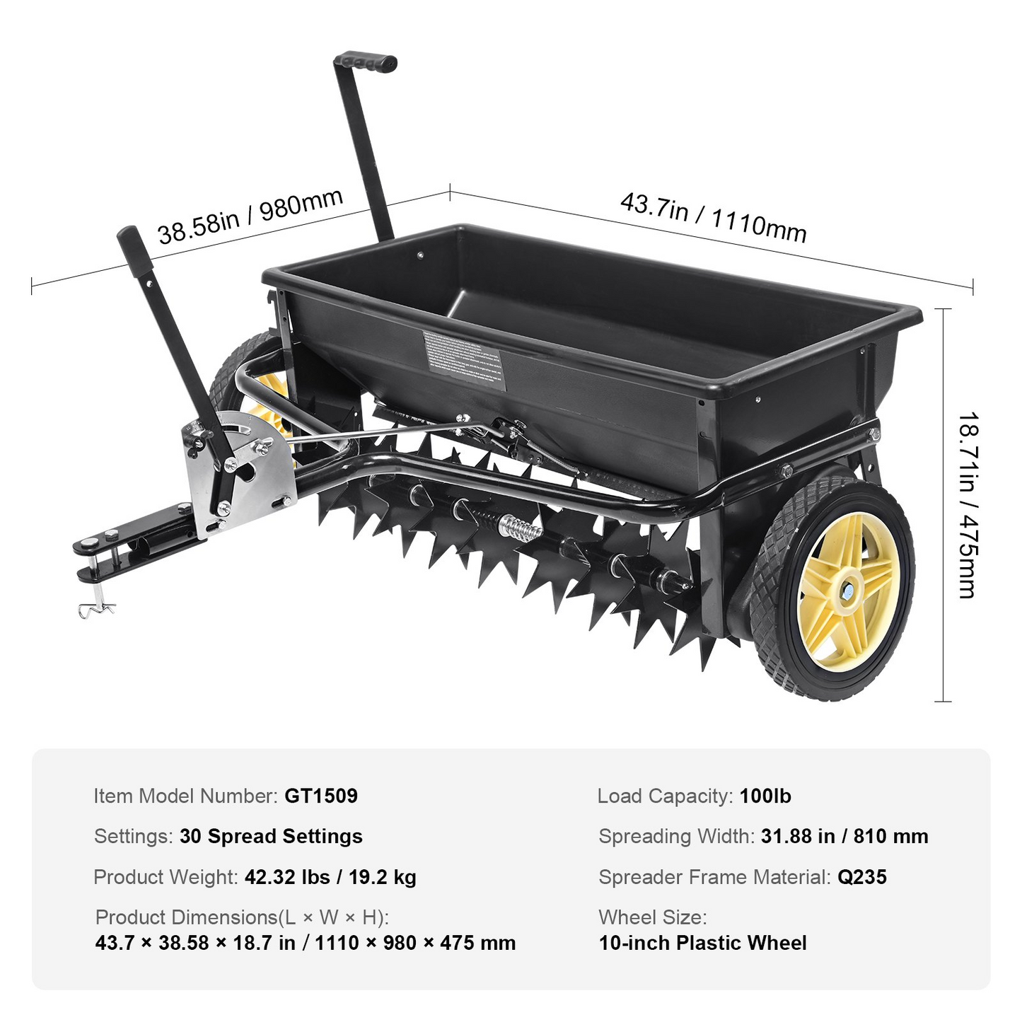 VEVOR Seed Spreader, 100 LB Capacity, Towable Poly Drop Design with 10" Wheels, Durable Steel Spike Aerator, for Efficient Fertilizing, Seeding, and Salt Distribution, Ideal for Home, Farm Use, Rug