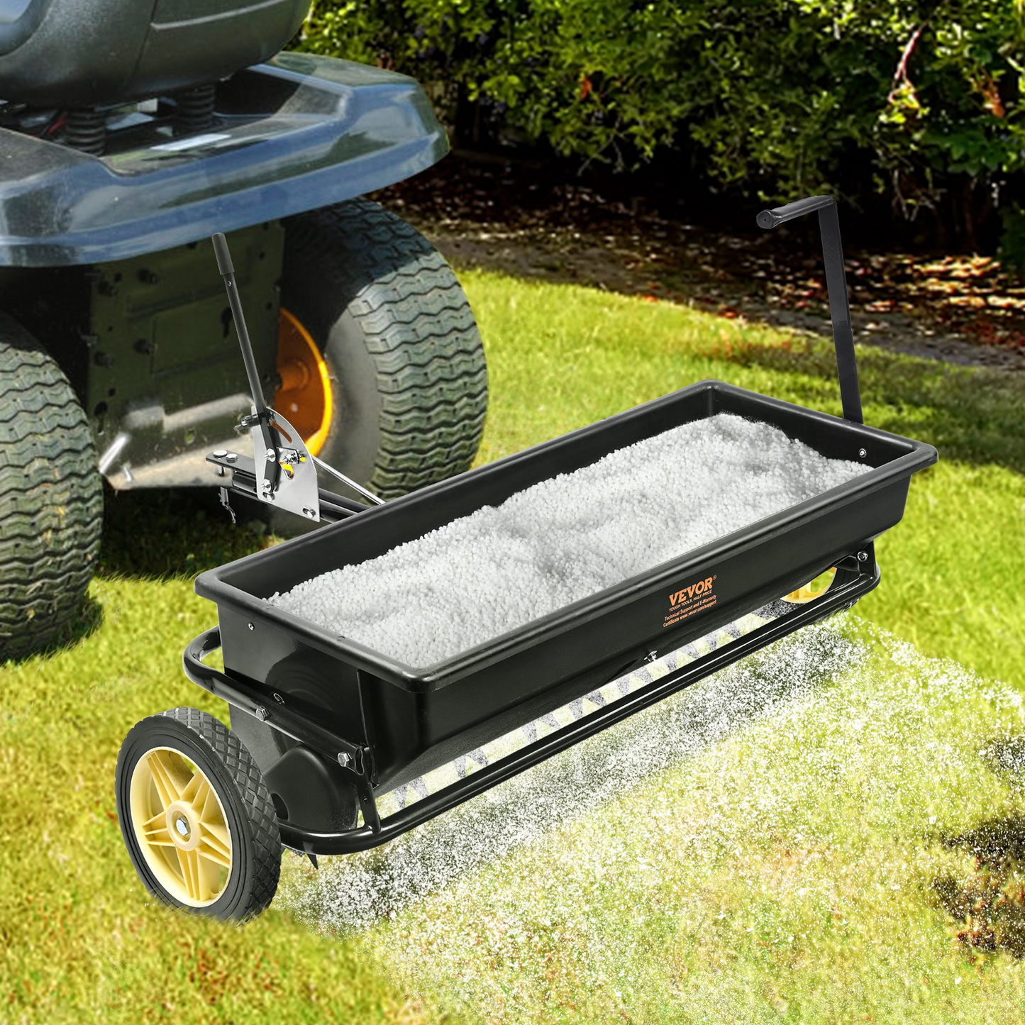 VEVOR Seed Spreader, 100 LB Capacity, Towable Poly Drop Design with 10" Wheels, Durable Steel Spike Aerator, for Efficient Fertilizing, Seeding, and Salt Distribution, Ideal for Home, Farm Use, Rug