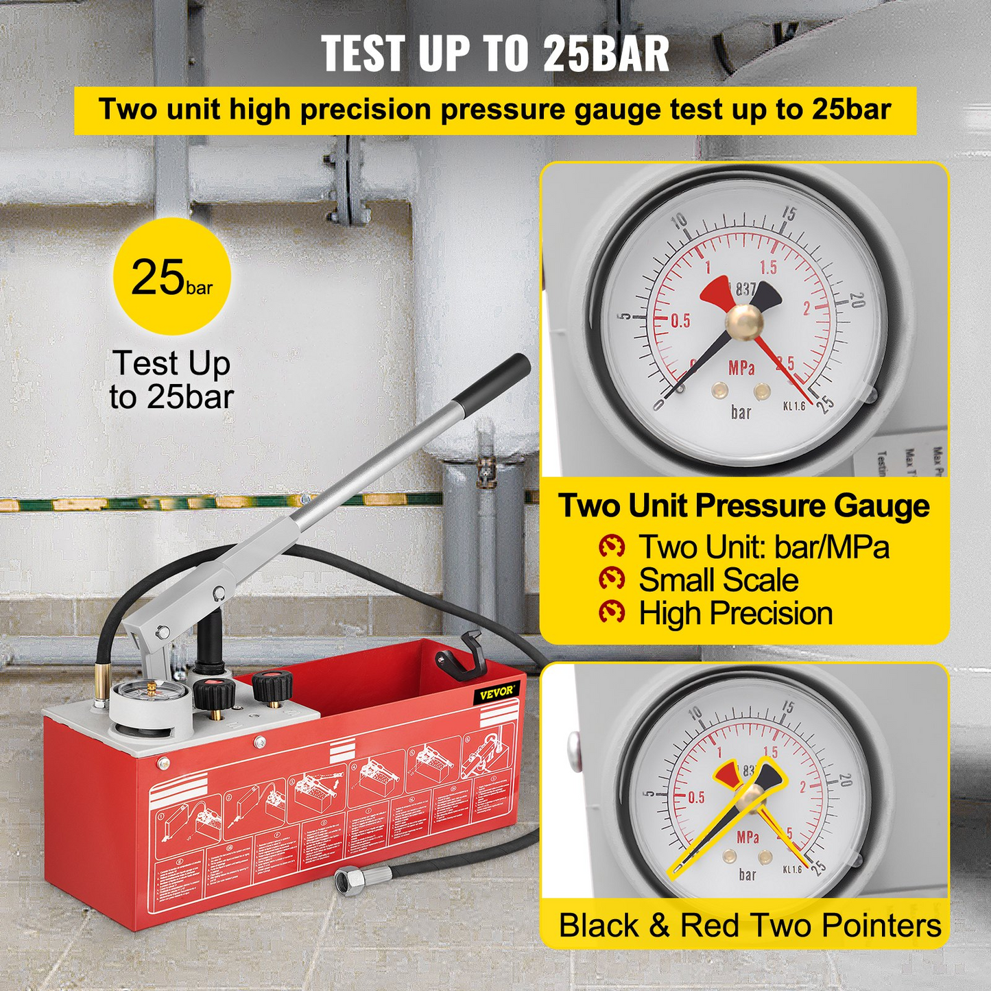 VEVOR Hydrostatic Pressure Test Pump, Test Up to 25 bar/2.5 MPa, 3.2 Gallon Tank, Hydraulic Manual Water Pressure Tester Kit w/ Two-Unit Gauge & R 1/2" Connection, for Pipeline Fluid Pressure Testing