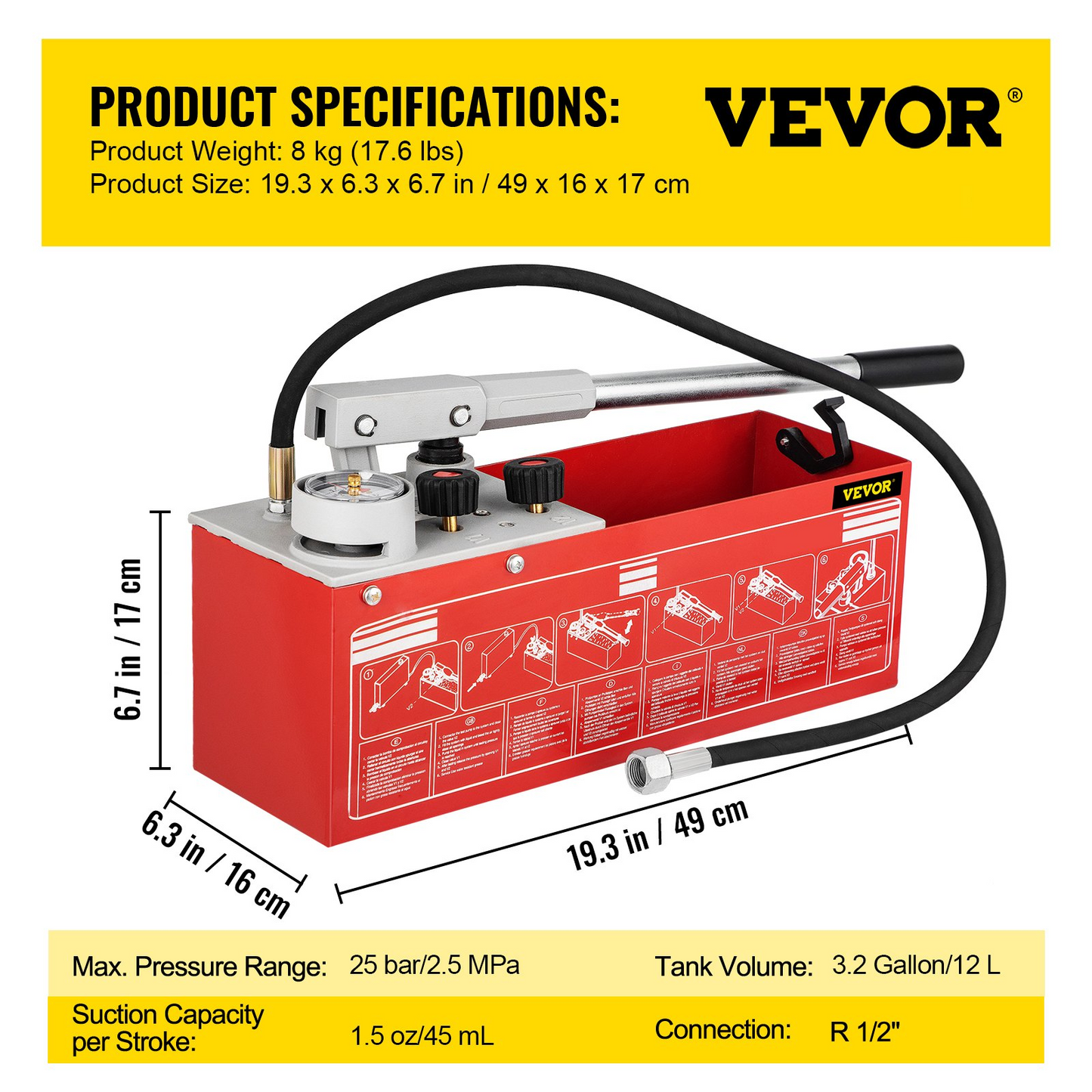 VEVOR Hydrostatic Pressure Test Pump, Test Up to 25 bar/2.5 MPa, 3.2 Gallon Tank, Hydraulic Manual Water Pressure Tester Kit w/ Two-Unit Gauge & R 1/2" Connection, for Pipeline Fluid Pressure Testing