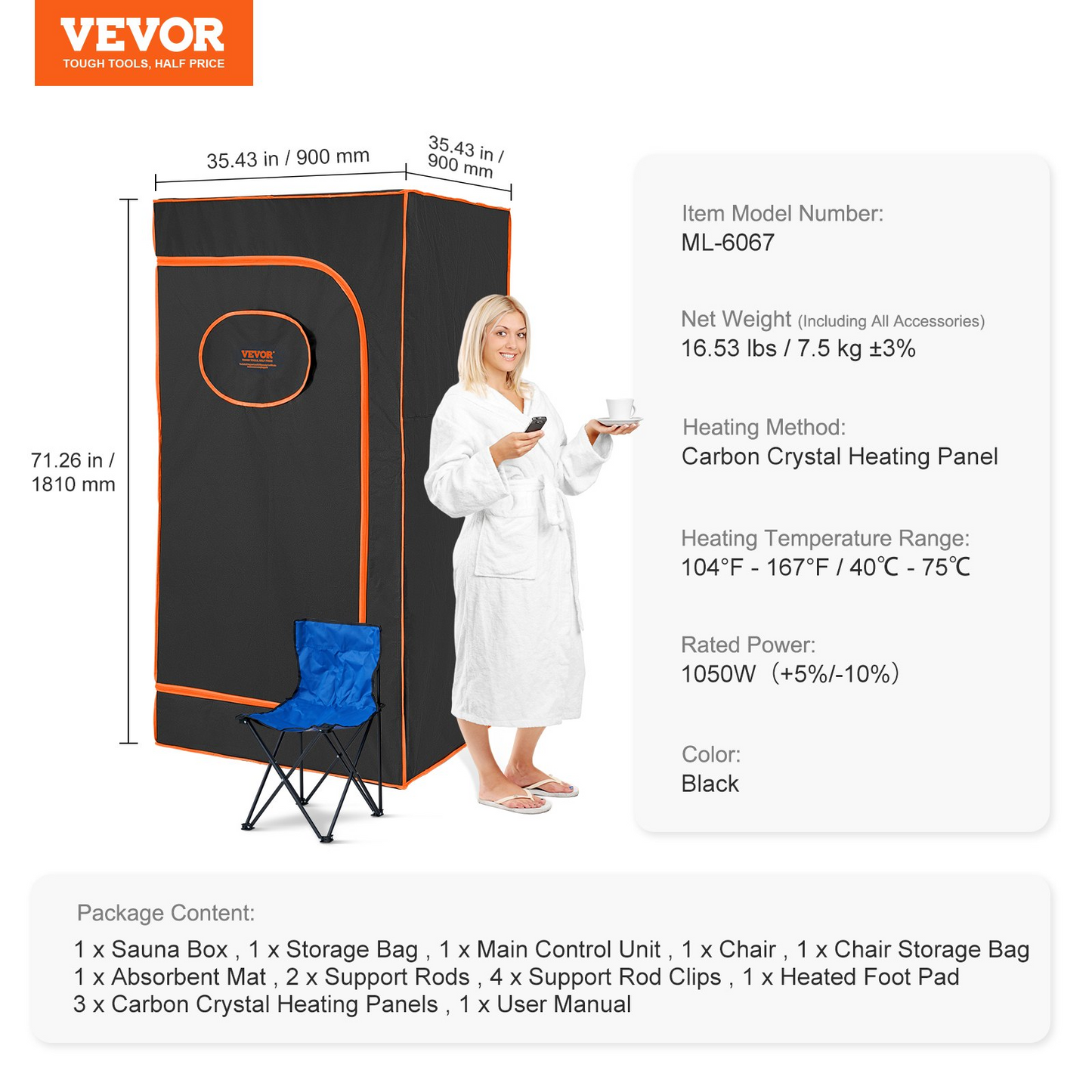 VEVOR Sauna Tent Portable Full Size, 1400W Personal Sauna Kit for Home Spa, Detoxify & Soothing Infrared Heated Body Therapy, Time & Temperature Remote Control With Chair & Floor Mat