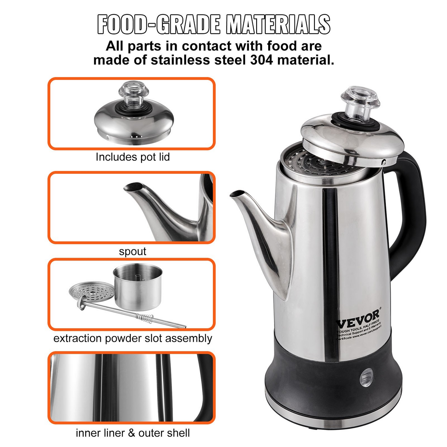 VEVOR 12-Cup Electric Percolator Coffee Pot, 304 Stainless Steel Coffee Percolator with Keep Warm Function & Heat-Resistant Handle, Classic Coffee Maker, Quick Brew & Easy-Pour Spout, Silver