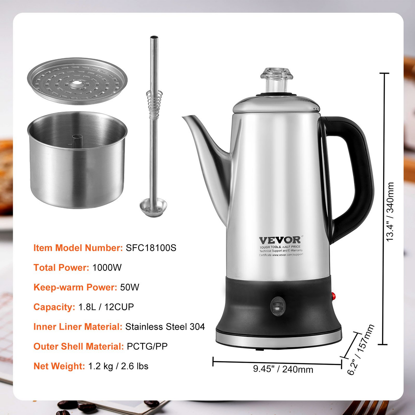 VEVOR 12-Cup Electric Percolator Coffee Pot, 304 Stainless Steel Coffee Percolator with Keep Warm Function & Heat-Resistant Handle, Classic Coffee Maker, Quick Brew & Easy-Pour Spout, Silver