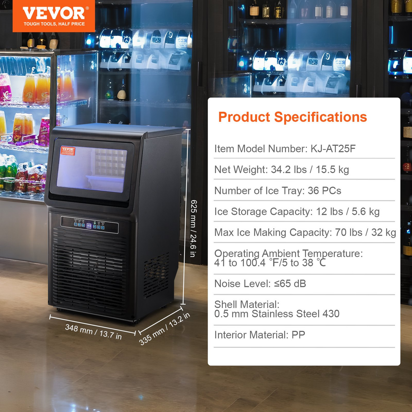 VEVOR Commercial Ice Maker, 70lbs/24H, Ice Maker Machine, 36 Ice Cubes in 12-15 Minutes, Freestanding Cabinet Ice Maker with 11lbs Storage Capacity LED Digital Display, for Bar Home Office Restaurant