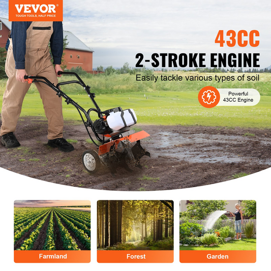 VEVOR Tiller Cultivator, 43CC 2-Stroke Garden Cultivator, Tiller with 4 Steel Adjustable Front Tines for Lawn, Garden and Field Cultivation