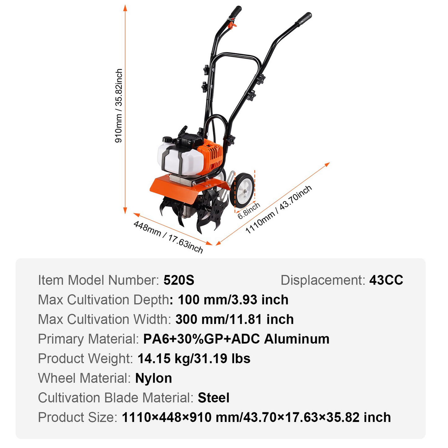 VEVOR Tiller Cultivator, 43CC 2-Stroke Garden Cultivator, Tiller with 4 Steel Adjustable Front Tines for Lawn, Garden and Field Cultivation