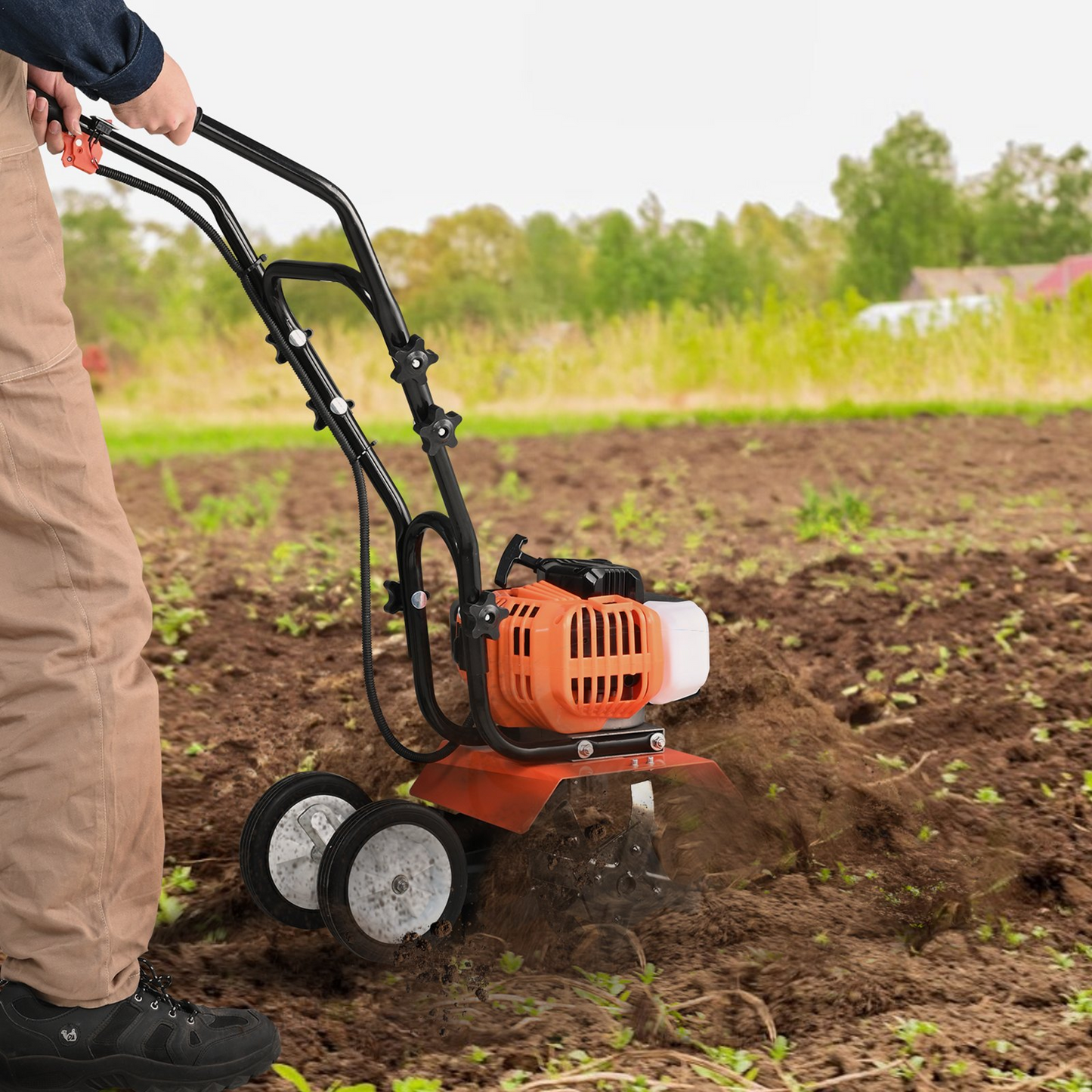 VEVOR Tiller Cultivator, 43CC 2-Stroke Garden Cultivator, Tiller with 4 Steel Adjustable Front Tines for Lawn, Garden and Field Cultivation