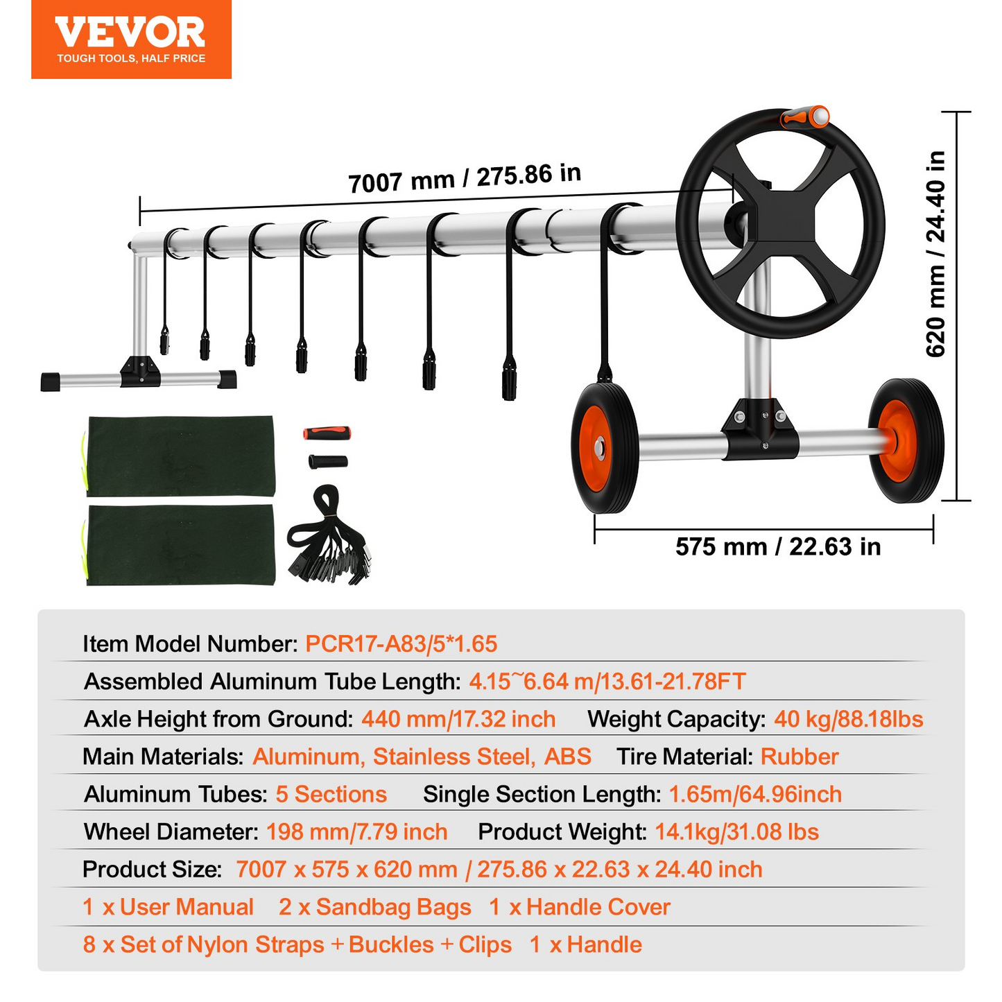 VEVOR Solar Cover Reel 22 ft, Aluminum Pool Cover Reel for Inground Swimming Pools, Cover Reel Set with Sandbags & Rubber Wheels, Fits for 5-22 ft Width Swimming Pools