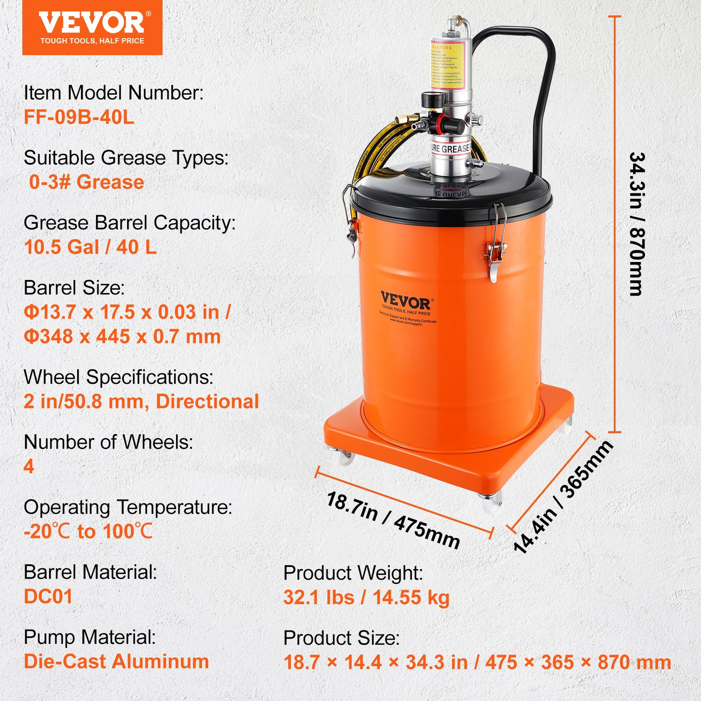 VEVOR Grease Pump, 10.5 Gallon 40L Air Operated Grease Pump with 13 ft High Pressure Hose and Grease Gun, Pneumatic Grease Bucket Pump with Wheels, Portable Lubrication Grease Pump 50:1 Pressure Ratio