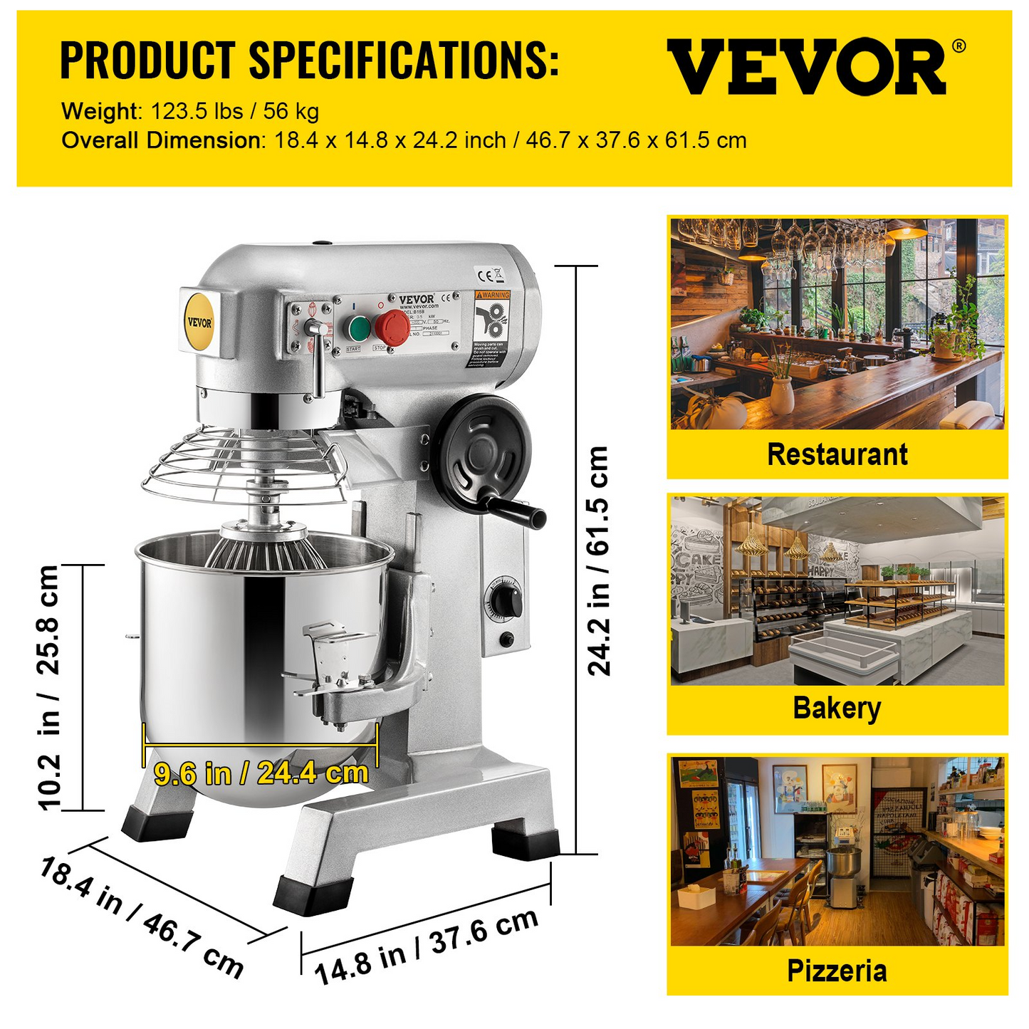 VEVOR Commercial Food Mixer, 10Qt Commercial Mixer with Timing Function, 450W Stainless Steel Bowl Heavy Duty Electric Food Mixer Commercial with 3 Speeds Adjustable 113/184/341 RPM, Dough Hook Whisk Beater Included, Perfect for Bakery Pizzeria