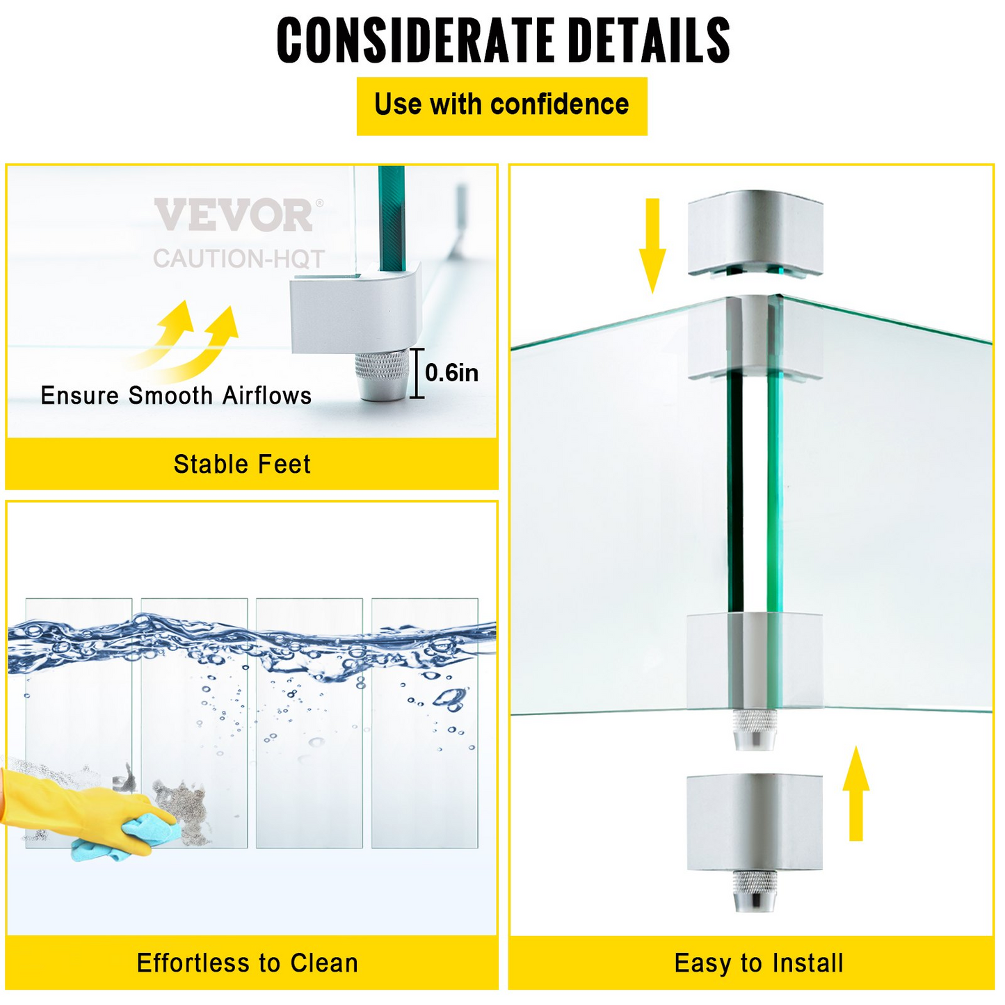 VEVOR Fire Pit Wind Guard, 14 x 14 x 6 Inch Glass Wind Guard, Rectangular Glass Shield, 0.3" Thick Fire Table, Clear Tempered Glass Flame Guard, Steady Feet Tree Pit Guard for Propane, Gas, Outdoor