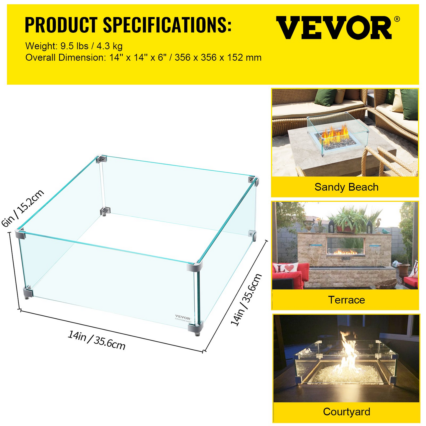 VEVOR Fire Pit Wind Guard, 14 x 14 x 6 Inch Glass Wind Guard, Rectangular Glass Shield, 0.3" Thick Fire Table, Clear Tempered Glass Flame Guard, Steady Feet Tree Pit Guard for Propane, Gas, Outdoor