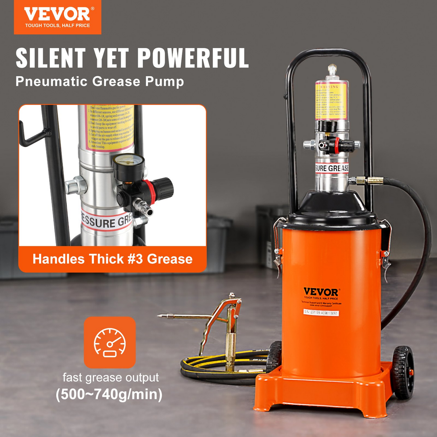 VEVOR Grease Pump, 3 Gallon 12L, Air Operated Grease Pump with 13 ft High Pressure Hose and Grease Gun, Pneumatic Grease Bucket Pump with Wheels, Portable Lubrication Grease Pump 50:1 Pressure Ratio