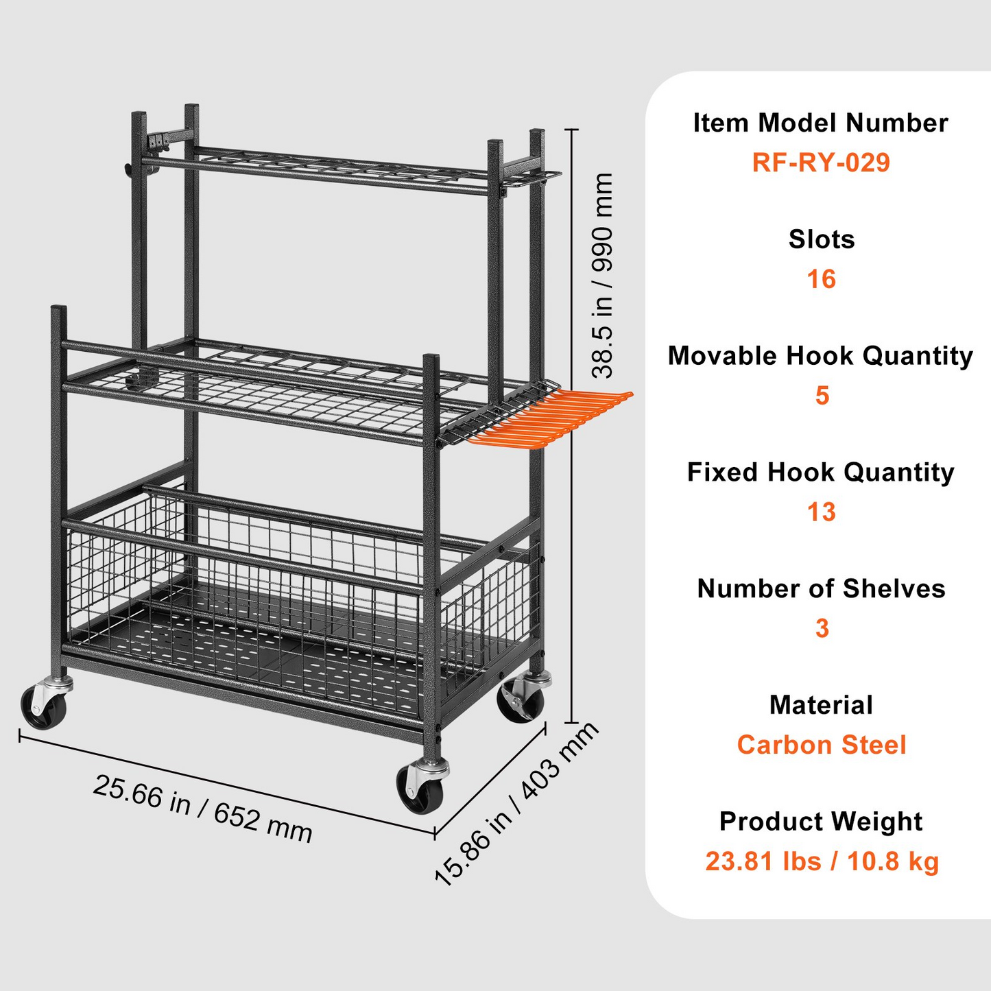 VEVOR Garden Tool Organizer, 16 Slots with Hooks, Yard Tool Tower Rack with Wheels for Garage Organization and Storage, Hold Long-Handled Tool/Rake/Broom, Metal Tool Stand Holder for Shed, Outdoor