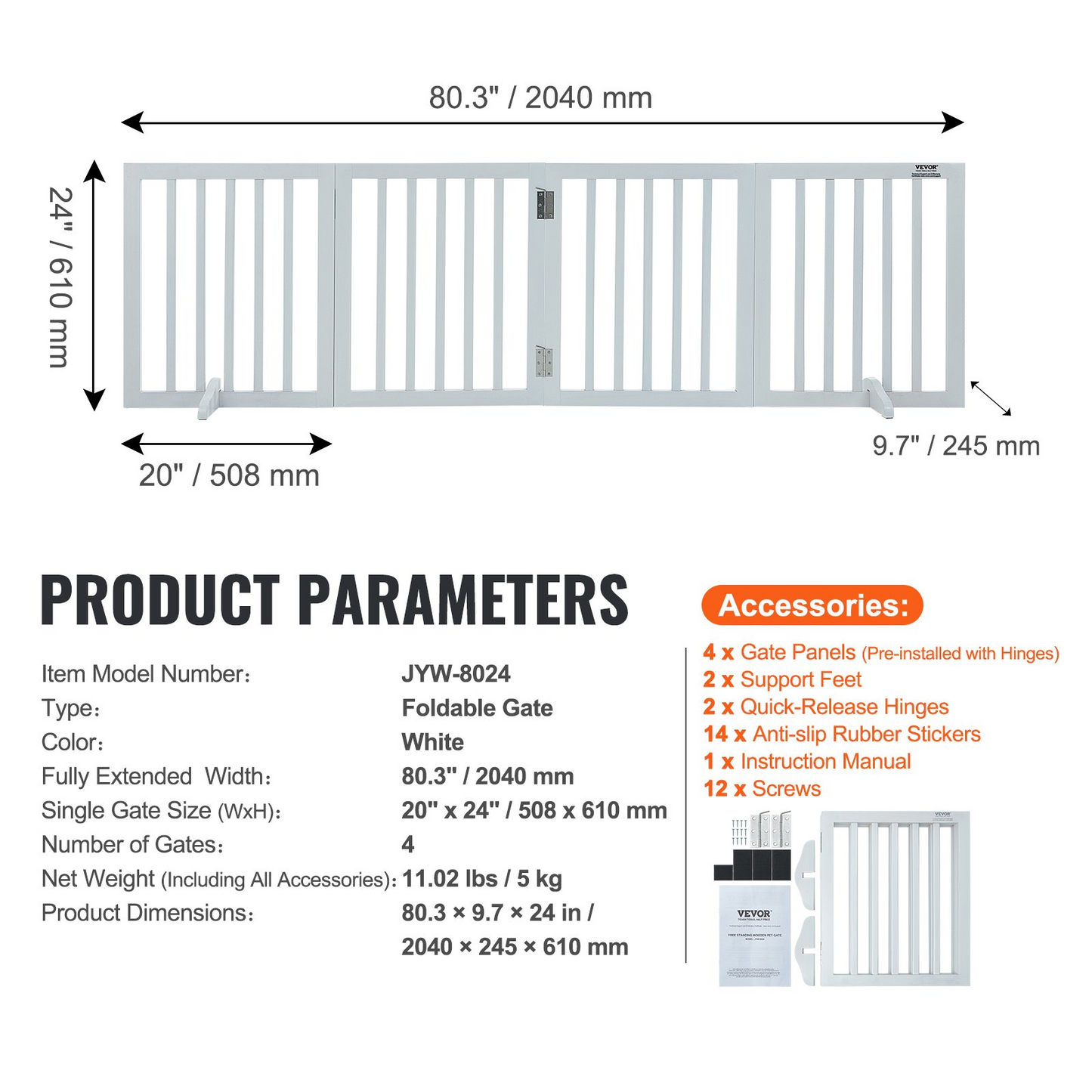 VEVOR Free Standing Dog Gate, 24" H x 80.3" W Freestanding Pet Gate, 4 Panels Foldable Dog Gate for Wide and Narrow Passageways, Expandable Dog Barrier with Silent Foot Support for Indoor, White