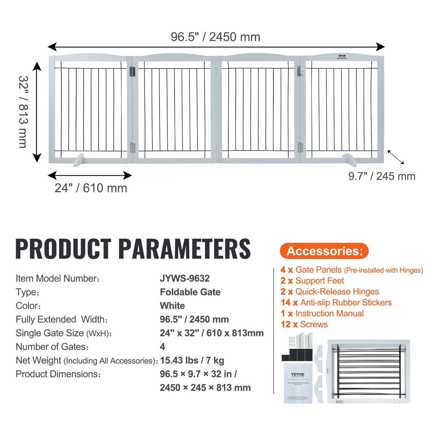 VEVOR Free Standing Dog Gate, 32" H x 96.5" W Freestanding Pet Gate, 4 Panels Foldable Dog Gate for Wide and Narrow Passageways, Expandable Dog Barrier with Silent Foot Support for Indoor, White