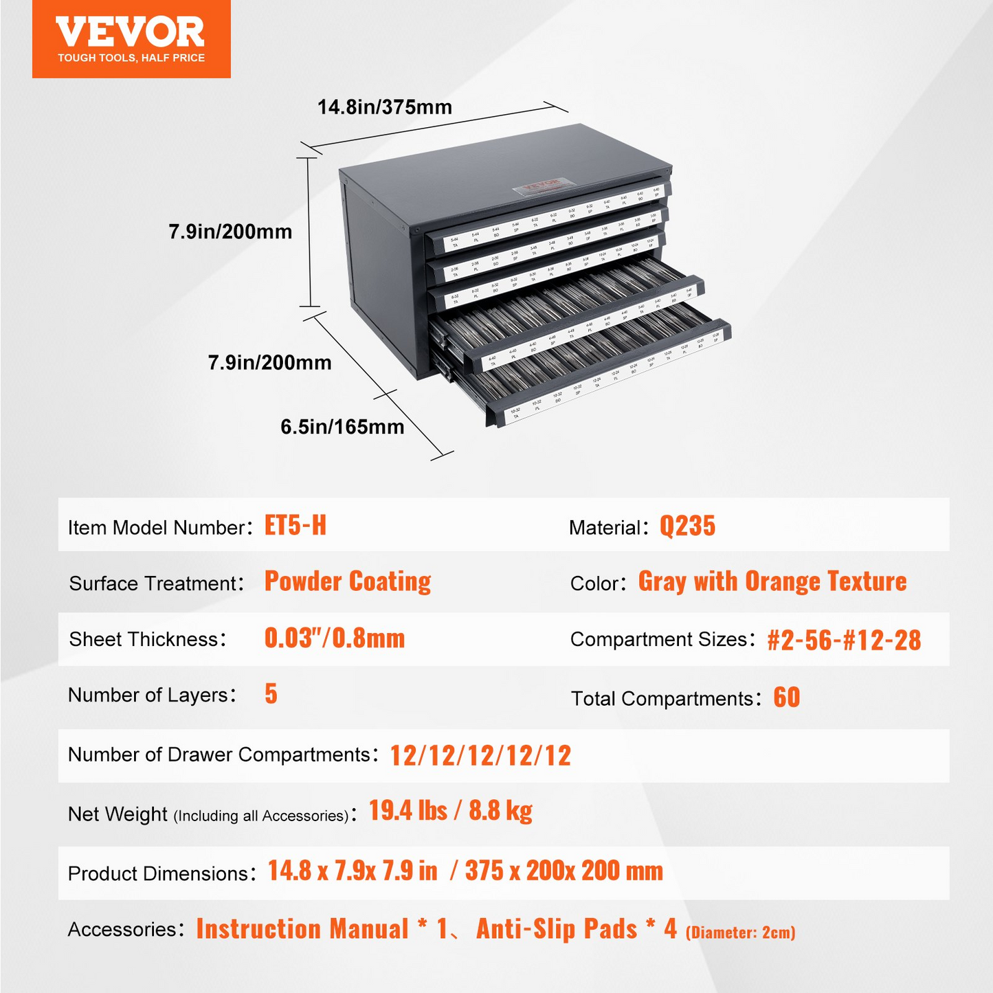 VEVOR Tap Dispenser Cabinet, Five-Drawer Tap Organizer Cabinet for #2-56-#12-28 Steel Tap Dispenser Organizer Cabinet with Labels, 60-Compartment Stackable Tap Cabinet for Tap Storage