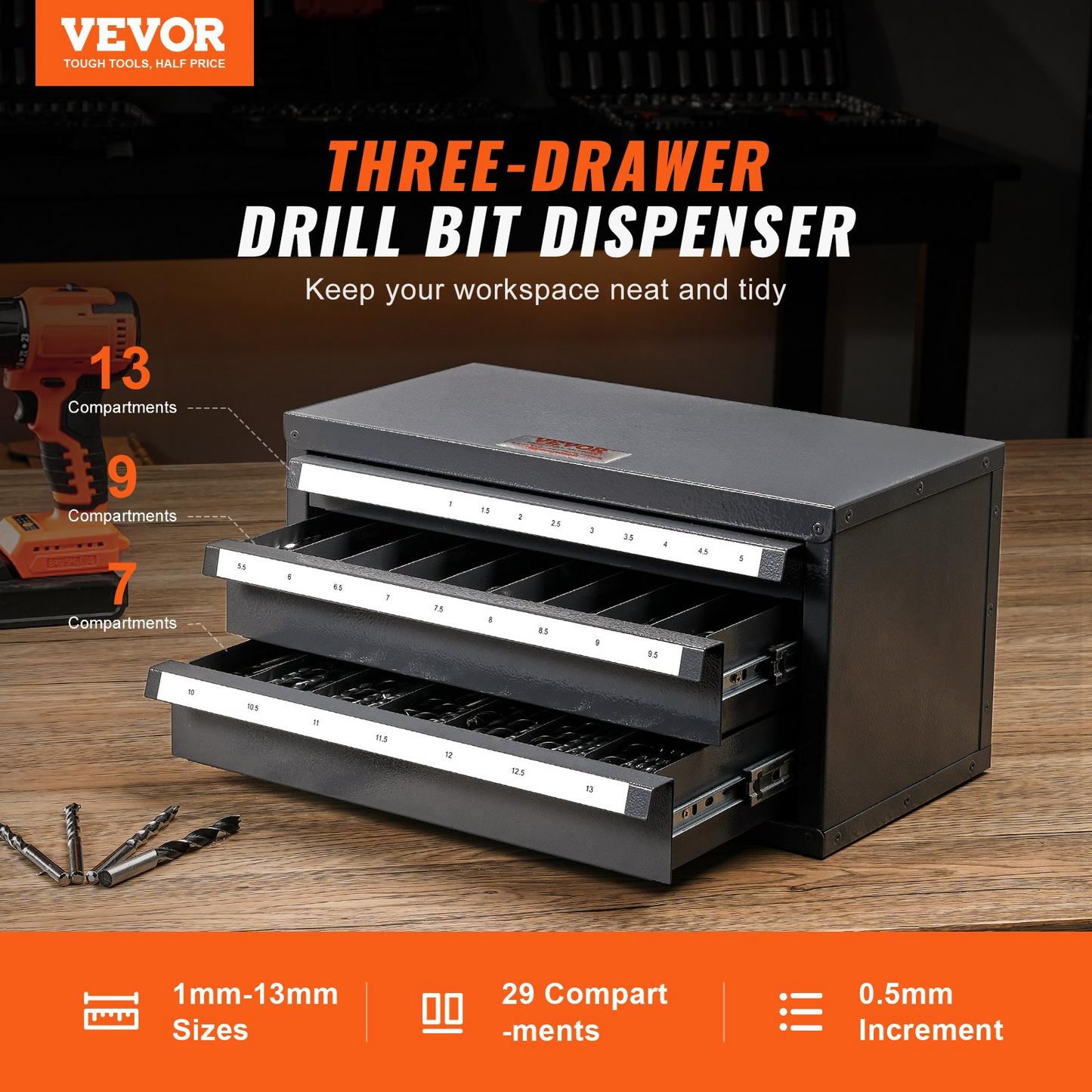 VEVOR Drill Bit Dispenser Cabinet, Three-Drawer Drill Bit Organizer Cabinet for 1mm to 13mm, Steel Drill Dispenser Organizer Cabinet with Labels, Stackable Drill Dispenser for Drill Bit Storage