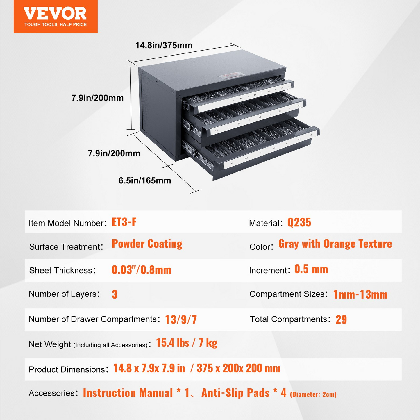 VEVOR Drill Bit Dispenser Cabinet, Three-Drawer Drill Bit Organizer Cabinet for 1mm to 13mm, Steel Drill Dispenser Organizer Cabinet with Labels, Stackable Drill Dispenser for Drill Bit Storage