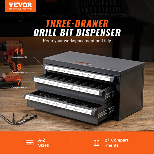 VEVOR Drill Bit Dispenser Cabinet, Three-Drawer Drill Bit Organizer Cabinet for A to Z, Steel Drill Dispenser Organizer Cabinet with Labels, Stackable Drill Dispenser for Drill Bit Storage