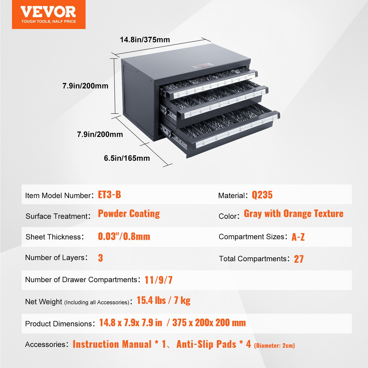 VEVOR Drill Bit Dispenser Cabinet, Three-Drawer Drill Bit Organizer Cabinet for A to Z, Steel Drill Dispenser Organizer Cabinet with Labels, Stackable Drill Dispenser for Drill Bit Storage