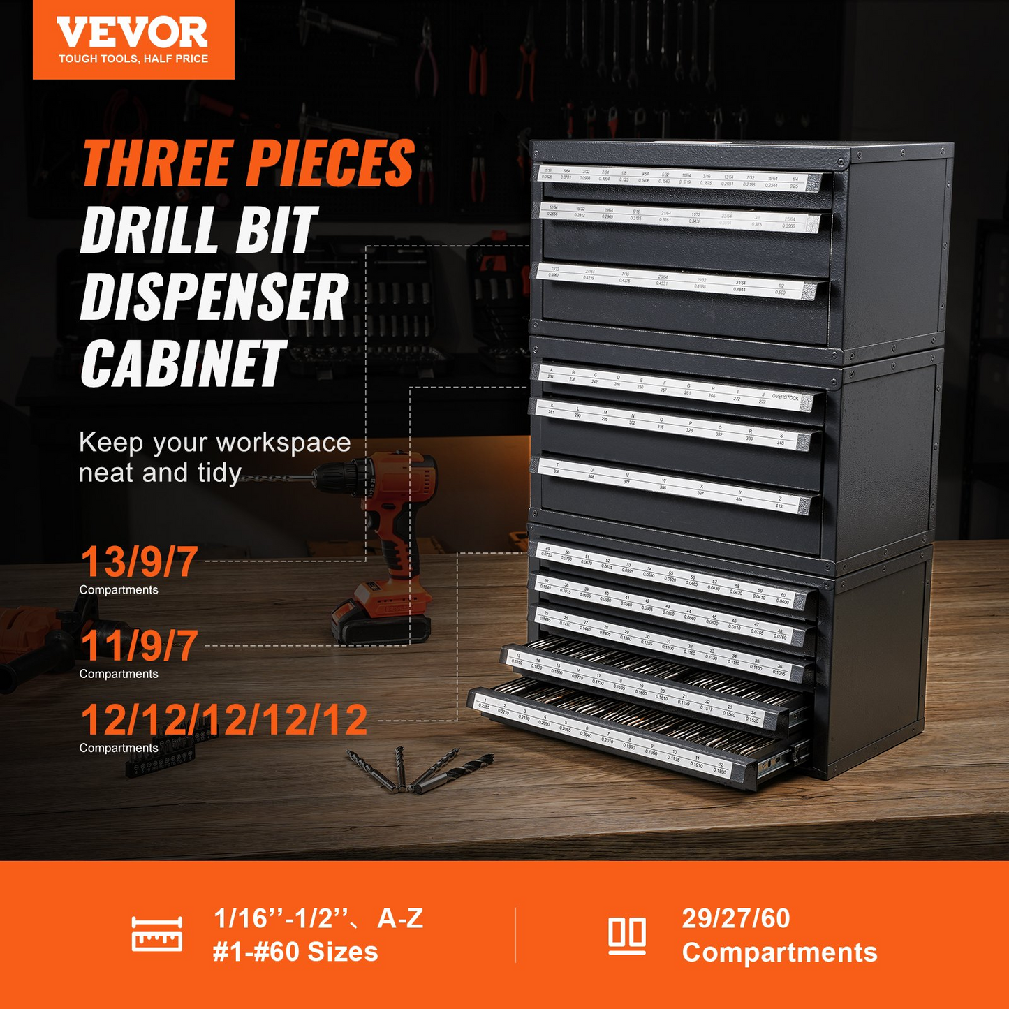 VEVOR Drill Bit Dispenser Cabinet, 3 Pieces Three-Drawer for 1/16" to 1/2" & Letter Sizes A to Z, Five-Drawer Drill Bit Organizer for Wire Gauge Sizes #1 to #60, Stackable for Drill Bit Storage