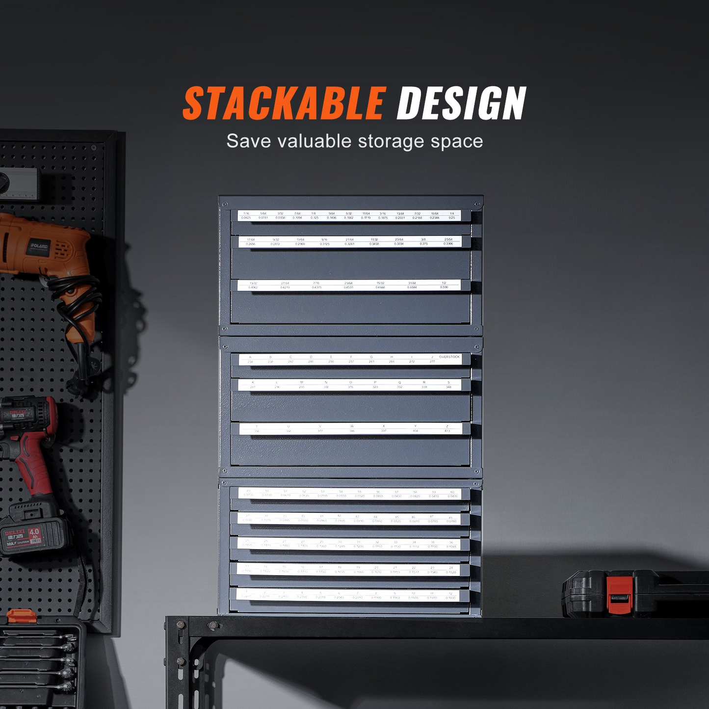 VEVOR Drill Bit Dispenser Cabinet, 3 Pieces Three-Drawer for 1/16" to 1/2" & Letter Sizes A to Z, Five-Drawer Drill Bit Organizer for Wire Gauge Sizes #1 to #60, Stackable for Drill Bit Storage