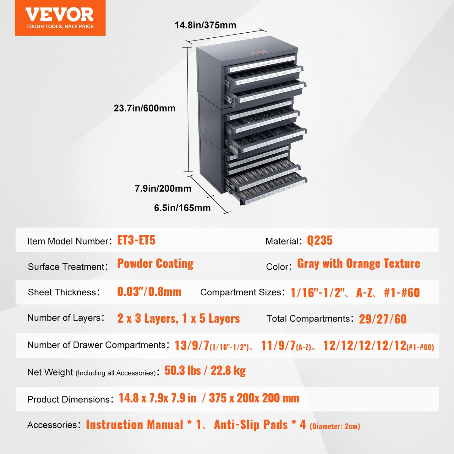 VEVOR Drill Bit Dispenser Cabinet, 3 Pieces Three-Drawer for 1/16" to 1/2" & Letter Sizes A to Z, Five-Drawer Drill Bit Organizer for Wire Gauge Sizes #1 to #60, Stackable for Drill Bit Storage