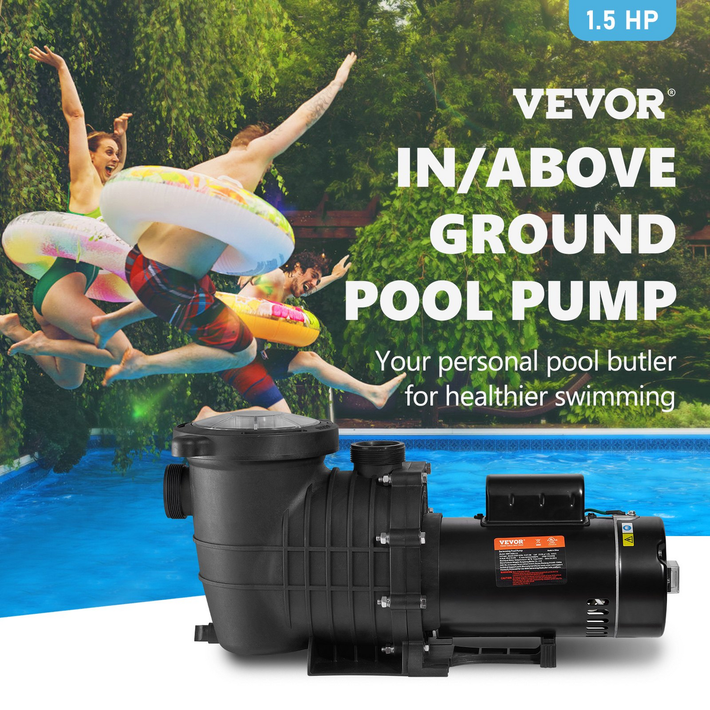 VEVOR Pool Pump 1.5HP 230V, Variable Dual Speed Pumps 1100W for Above Ground Pool, Powerful Self-priming Pump w/ Strainer Filter Basket, 5400 GPH Max. Flow, Energy Saving Swimming Pool Pump