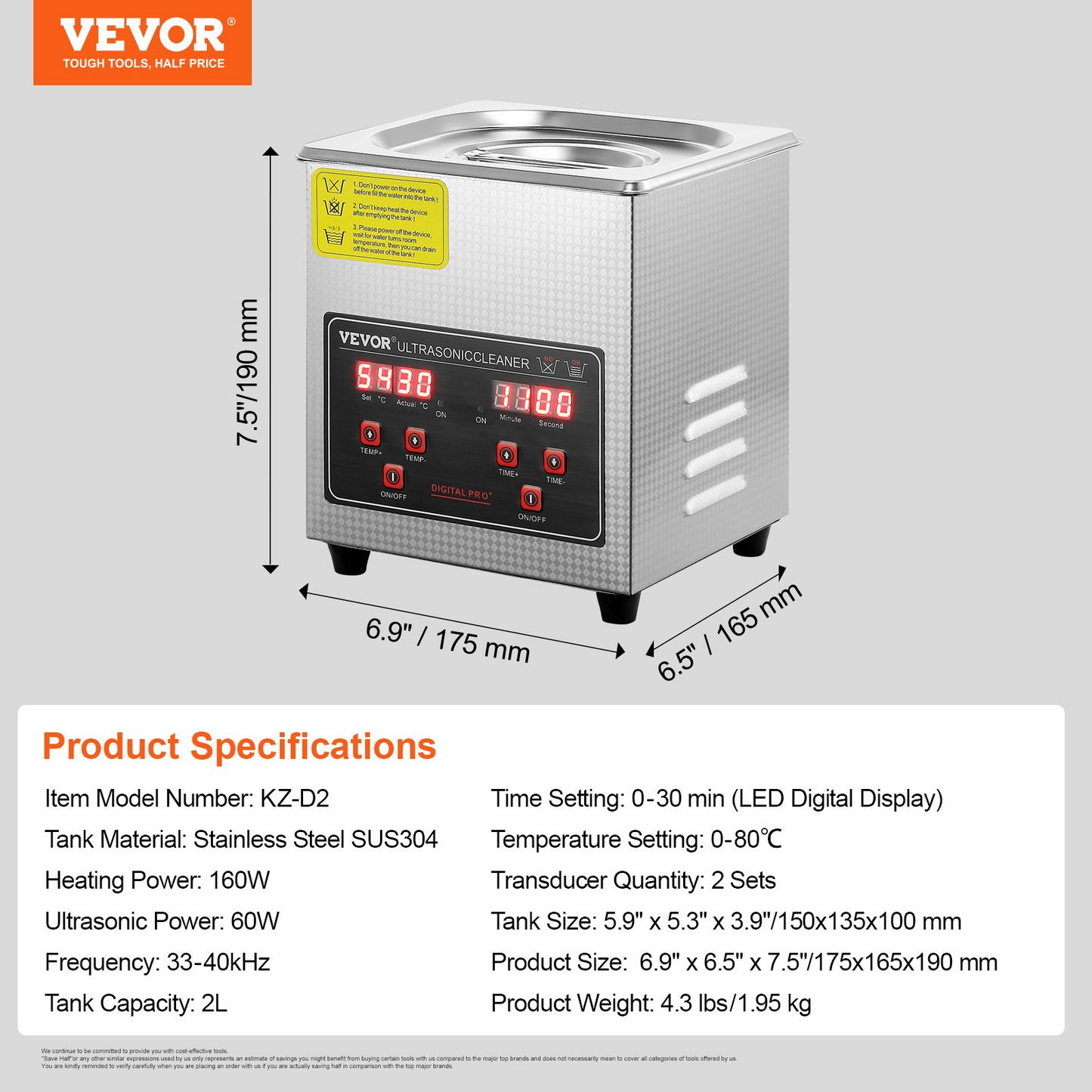 VEVOR Ultrasonic Cleaner with Digital Timer & Heater, Professional Ultra Sonic Jewelry Cleaner, Stainless Steel Heated Cleaning Machine for Glasses Watch Rings Small Parts Circuit Board (2L)