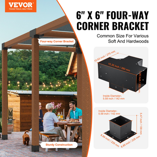 VEVOR Pergola Bracket Kit 6''x6'', 4pcs 4-Way Heavy Duty Corner Bracket Woodworks DIY Post Base Kit, Easy Installation Wooden Beams for Gazebos, Patio Pergolas, Log Cabin Outdoor Pergola Hardware